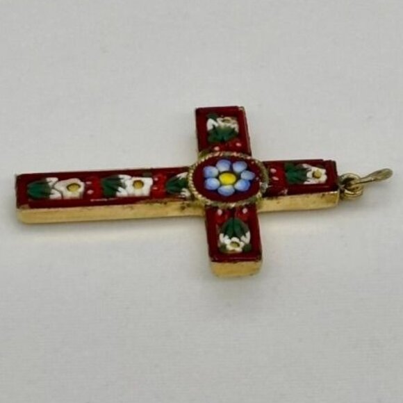 Vintage Italian Micro Mosaic Cross Gold-Tone Metal Red W/Blue White Green Marked - Picture 9 of 12